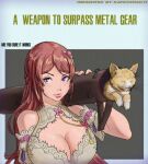  1girl artist_name breasts brown_hair cat cleavage detached_sleeves dress english_commentary holding_rocket_launcher indie_virtual_youtuber kapchynskyi large_breasts long_hair looking_to_the_side metal_gear_(series) nina_saotome portrait purple_eyes rocket_launcher short_sleeves smile solo v-shaped_eyebrows virtual_youtuber weapon whiskers white_dress 