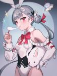  1girl animal animal_ears blush bow bowtie breasts cleavage deca_purio eating eyebrows_visible_through_hair fake_animal_ears fingernails food grey_hair hair_bun hairband holding holding_animal long_hair long_sleeves looking_at_viewer medium_breasts original rabbit rabbit_ears red_bow red_bowtie red_eyes solo ufo white_hairband white_sleeves 