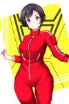  1girl absurdres black_hair bodysuit breasts brown_eyes gekisou_sentai_carranger highres long_sleeves looking_at_viewer medium_breasts pandacross pouch red_bodysuit shinohara_natsumi short_hair smile solo standing super_sentai yellow_background 