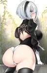  1girl absurdres ass back_cutout black_hairband black_legwear blue_eyes blush boots closed_mouth clothing_cutout enishi96 feather-trimmed_sleeves from_behind hairband highres huge_ass leaf leaning_forward leaning_on_object leotard long_sleeves looking_at_viewer nier_(series) nier_automata puffy_sleeves short_hair solo thigh_boots thighhighs white_hair yorha_no._2_type_b 