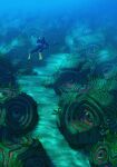  1other air_bubble belt blue_eyes bubble chromatic_aberration colored_sclera eyeball film_grain goggles harpoon harpoon_gun highres horror_(theme) immersed kelp looking_at_another monster original plant rock sand scenery scuba_gear sinsin08051 solo submerged underwater yellow_sclera 
