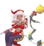  1girl alternate_costume animal_ears ash_(fire_emblem) bare_shoulders breasts choker christmas cow_ears cow_girl cow_tail fingerless_gloves fire_emblem fire_emblem_heroes gloves hat highres holding holding_polearm holding_weapon large_breasts polearm ritence santa_costume santa_hat solo tail weapon white_hair yellow_eyes 