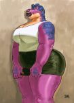  2022 anthro big_breasts big_butt black_bottomwear black_clothing black_shorts blue_markings bottomwear breasts butt cleavage clothed clothing dinosaur drawing dyna_soar ear_piercing ear_ring facial_piercing female hi_res lips lipstick magenta_body makeup markings nails nose_piercing nose_ring orange_eyes overweight painting piercing portrait purple_lipstick reptile saurian_(disambiguation) scalie shirt shorts signature simple_background sketch sleeveless_shirt solo sorbei tank_top thick_lips thick_thighs three-quarter_portrait topwear voluptuous_female white_clothing white_topwear 