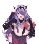  1girl alternate_costume breasts camilla_(fire_emblem) chocolate cleavage fire_emblem fire_emblem_fates food gloves hair_over_one_eye highres holding holding_chocolate holding_food incoming_food large_breasts makeup open_mouth purple_eyes purple_hair ritence solo thighhighs tiara upper_body valentine 