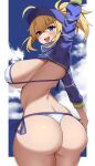  1girl ahoge artoria_pendragon_(fate) ass bangs baseball_cap bikini blue_sky blush breasts cloud cloudy_sky commentary_request day eyebrows_visible_through_hair fate/grand_order fate_(series) from_behind hat highleg highres imuzi large_breasts long_hair long_sleeves looking_at_viewer mysterious_heroine_xx_(fate) open_mouth outdoors ponytail shiny shiny_hair shiny_skin shrug_(clothing) side-tie_bikini sideboob simple_background sky smile solo swimsuit thighs twisted_torso 