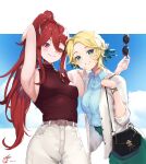  2girls absurdres alternate_costume alternate_hairstyle bag bare_shoulders blonde_hair breasts casual collared_shirt cordelia_(fire_emblem) fire_emblem fire_emblem:_three_houses fire_emblem_awakening green_eyes handbag highres ingrid_brandl_galatea medium_breasts multiple_girls ponytail red_eyes red_hair ritence shirt sunglasses turtleneck 