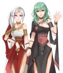  2girls armlet bangs black_choker black_dress blue_eyes breasts byleth_(fire_emblem) byleth_(fire_emblem)_(female) choker cleavage closed_mouth collarbone dancer dancer_(three_houses) dress edelgard_von_hresvelg enlightened_byleth_(female) fire_emblem fire_emblem:_three_houses green_eyes green_hair hair_between_eyes high-waist_skirt hip_vent holding_hands long_hair looking_at_viewer medium_breasts multiple_girls official_alternate_costume open_mouth parted_bangs red_skirt robaco shiny shiny_hair simple_background skirt smile standing straight_hair very_long_hair white_background white_hair 