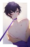  1boy black_hair blue_eyes bruise earrings highres indie_virtual_youtuber injury jewelry leash male_focus nanoless nipples off_shoulder short_hair shoto_(vtuber) solo virtual_youtuber 