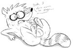  anthro anus balls bodily_fluids butt cartoon_network dialogue english_text fur fur_markings genitals legs_up lemon_smoothie lying male mammal markings monochrome nervous on_back open_mouth pawpads paws presenting presenting_anus procyonid raccoon regular_show rigby_(regular_show) ring_(marking) ringed_eyes ringtail short_stack sketchy solo speech_bubble sweat tail_markings text whiskers 