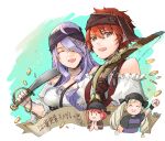  4girls :d ^_^ alternate_costume arm_up bandana bangs black_bandana bow_(weapon) brown_eyes camilla_(fire_emblem) closed_eyes collarbone elise_(fire_emblem) fire_emblem fire_emblem_fates fire_emblem_heroes gold_coin hair_between_eyes hair_over_one_eye headband hinoka_(fire_emblem) holding holding_bow_(weapon) holding_sword holding_weapon long_hair looking_at_viewer multiple_girls off-shoulder_shirt off_shoulder official_alternate_costume open_mouth pirate purple_hair red_hair robaco saber_(weapon) sakura_(fire_emblem) shirt short_hair short_sleeves sketch smile sword very_long_hair weapon white_shirt 