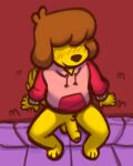  anthro blush bottomless brown_hair canid canine canis carpet clothed clothing domestic_dog fur genitals hair hair_over_eye hair_over_eyes hello_from_halo_head hi_res high-angle_view hoodie male mammal one_eye_obstructed penis pepper_(batshaped) sexylinguini smile solo topwear yellow_body yellow_fur 