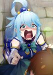  1boy 1girl absurdres aqua_(konosuba) blue_eyes blue_hair blue_shirt blue_skirt boots brown_hair capelet crying crying_aqua_(meme) crying_with_eyes_open detached_sleeves eyebrows_visible_through_hair flying_teardrops foreshortening from_above furrowed_brow green_capelet hair_ornament hair_rings highres kachin kneeling kono_subarashii_sekai_ni_shukufuku_wo! long_hair looking_up meme open_mouth satou_kazuma shirt skirt sleeveless sleeveless_shirt solo_focus tears thigh_boots thighhighs tongue twitter_username wide-eyed 