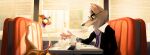  2019 anthro camilo-castro canid canine canis clothing detailed_background dreamworks duo eyewear food hat headgear headwear hi_res humanoid_hands inside male mammal mr._snake_(the_bad_guys) mr._wolf_(the_bad_guys) necktie official_art reptile scalie shirt sitting snake sunglasses the_bad_guys topwear wolf 