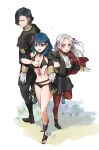  1boy 2girls :d arm_grab bikini black_bikini black_hair black_jacket black_pants black_shorts blue_eyes blue_hair breasts byleth_(fire_emblem) byleth_(fire_emblem)_(female) capelet cleavage edelgard_von_hresvelg fire_emblem fire_emblem:_three_houses fire_emblem_heroes floating_hair flower full_body garreg_mach_monastery_uniform gloves grey_hair groin hair_flower hair_ornament hair_over_one_eye hubert_von_vestra jacket legwear_under_shorts long_hair long_sleeves looking_back medium_breasts multiple_girls navel official_alternate_costume open_clothes open_jacket open_mouth pants purple_eyes red_capelet red_legwear robaco short_hair short_shorts shorts sideboob sketch smile standing standing_on_one_leg sweatdrop swimsuit very_long_hair white_gloves yellow_flower 