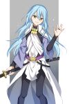  1other bangs black_pants blue_hair cape colored_eyelashes eyebrows_visible_through_hair floating_hair grin hair_between_eyes holding holding_sheath long_hair long_sleeves looking_at_viewer pants rimuru_tempest sheath sheathed shoura smile solo standing straight_hair tensei_shitara_slime_datta_ken very_long_hair white_cape yellow_eyes 