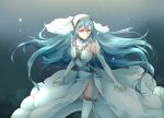  1girl azura_(fire_emblem) bangs blue_hair blue_ribbon collarbone detached_collar dress elbow_gloves fingerless_gloves fire_emblem fire_emblem_fates floating_hair gloves grey_background hair_between_eyes long_dress long_hair panties ribbon robaco shiny shiny_hair side_slit solo thighhighs underwear veil very_long_hair white_dress white_gloves white_headwear white_legwear white_panties yellow_eyes 