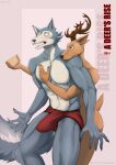  anthro beastars blush bulge canid canid_kaiba canine canis cervid clothed clothing cover cover_art cover_page duo erection erection_under_clothing facial_scar hi_res legoshi_(beastars) louis_(beastars) male male/male mammal scar underwear wolf 