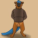  3_toes absurd_res animal_genitalia anthro balls blue_eyes blue_hair blue_nose cheek_tuft clothed clothing facial_tuft feet fwankie genitals hair hi_res hoodie looking_down lutrine male mammal mustelid partially_clothed sheath simple_background solo toes topwear tuft 