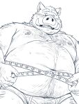  2022 anthro belly big_belly bodily_fluids clothing hi_res humanoid_hands huynhduyad14 kemono male mammal moobs navel nipples overweight overweight_male simple_background solo suid suina sus_(pig) sweat underwear wild_boar 