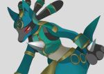  2022 3_fingers ambiguous_gender anthro black_body black_inner_ear blue_body blue_ears canid canine chest_spike clothed clothing dragonryuusuki egyptian_clothing fingers fur furgonomics green_clothing lucario mammal multicolored_body multicolored_fur nintendo pok&eacute;mon pok&eacute;mon_(species) red_eyes ruins_style_lucario spikes spikes_(anatomy) video_games 