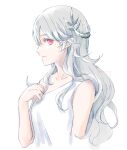  1girl bangs bare_arms closed_mouth collarbone corrin_(fire_emblem) corrin_(fire_emblem)_(female) cropped_arms curly_hair fire_emblem fire_emblem_fates grey_hair hair_between_eyes long_hair looking_at_viewer looking_to_the_side pointy_ears profile red_eyes robaco shiny shiny_hair shirt simple_background sketch sleeveless sleeveless_shirt smile solo upper_body very_long_hair white_background white_shirt 