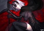  1girl armor black_armor black_cape black_legwear cape closed_mouth fate/grand_order fate_(series) flag frown grey_hair holding holding_flag jeanne_d&#039;arc_(fate) jeanne_d&#039;arc_alter_(fate) kurozawa_yui multicolored_cape multicolored_clothes petals red_cape short_hair skindentation solo thighhighs torn torn_cape torn_clothes two-tone_cape yellow_eyes 