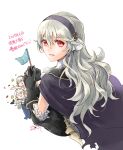  3girls :d bangs black_gloves black_sleeves cape corrin_(fire_emblem) corrin_(fire_emblem)_(female) corrin_(fire_emblem)_(male) detached_sleeves fire_emblem fire_emblem_fates fire_emblem_heroes frilled_sleeves frills gloves grey_cape grey_hair grey_hairband hair_between_eyes hairband holding long_hair long_sleeves looking_at_viewer looking_back multiple_girls official_alternate_costume open_mouth red_eyes robaco shiny shiny_hair sketch smile solo_focus twitter_username very_long_hair white_background 