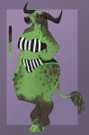 anthro big_butt bikini bovid bovine breasts brown_spots butt cattle clothed clothing deermary eyelashes female green_body green_eyes hands_on_hips hi_res hooves horn long_ears long_eyelashes mammal pattern_clothing slightly_chubby solo spots striped_clothing stripes swimwear tail_tuft thick_thighs tuft wide_hips 