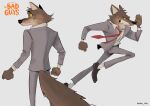  anthro biped bottomwear braku_star brown_body canid canine canis clothing concept_art dreamworks hi_res humanoid_hands male mammal mr._wolf_(the_bad_guys) necktie official_art pants running shirt simple_background solo the_bad_guys topwear wolf 