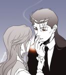  1boy 1girl cigarette cigarette_kiss couple eye_contact formal hetero holding holding_cigarette imuro kuwabara_shizuru lips long_hair long_sleeves looking_at_another necktie parted_lips red_eyes sakyou_(yu_yu_hakusho) smoking suit upper_body yu_yu_hakusho 