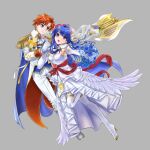  1boy 1girl axe blue_cape blue_eyes blue_hair boots bouquet breasts cape cleavage commentary_request dress elbow_gloves feather_trim fire_emblem fire_emblem:_the_binding_blade fire_emblem_heroes full_body gloves grey_background hair_ornament high_heel_boots high_heels highres lilina_(fire_emblem) long_hair medium_breasts official_alternate_costume open_mouth partial_commentary red_hair roy_(fire_emblem) see-through simple_background thigh_boots thighhighs tsukimura_(d24f4z8j3t) tuxedo veil wedding wedding_dress white_dress white_footwear white_gloves 