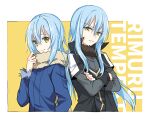  2others androgynous bangs black_coat blue_coat blue_hair character_name closed_mouth coat crossed_arms eyebrows_visible_through_hair hair_between_eyes layered_sleeves long_hair long_sleeves looking_at_viewer multiple_others open_clothes open_coat rimuru_tempest shiny shiny_hair short_over_long_sleeves short_sleeves shoura smile straight_hair tensei_shitara_slime_datta_ken very_long_hair yellow_eyes 