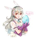  1girl :d alternate_costume bangs blue_ribbon breasts cleavage corrin_(fire_emblem) corrin_(fire_emblem)_(female) corset detached_collar fire_emblem fire_emblem_fates flower gloves grey_hair grey_hairband hair_between_eyes hair_flower hair_ornament hairband holding long_hair looking_at_viewer medium_breasts neck_ribbon open_mouth pink_flower pointy_ears purple_corset purple_gloves red_eyes ribbon robaco short_sleeves simple_background sketch smile solo straight_hair very_long_hair white_background white_sleeves wing_collar 