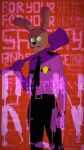  1boy axe character_mask five_nights_at_freddy&#039;s five_nights_at_freddy&#039;s_3 glowing glowing_eyes green_eyes holding holding_axe mask mask_on_head necktie purple_shirt rhinocerus_(hetalia_e) security_guard shirt solo springtrap william_afton 