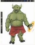  anthro bovid bovine cattle clothed clothing fur green_body green_fur hi_res horn male mammal musclegut rintrah_(marvel) said_the_saisio solo topless topless_male yellow_eyes 