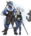  angry anthro big_breasts black_bottomwear black_clothing black_pants black_topwear black_vest blind blue_body blue_hair blue_scales bottomwear breasts bulge canid canine canis cleavage clenched_teeth clothed clothing collar cross-popping_vein denim denim_clothing dialogue domestic_dog female fluffy fluffy_tail footwear fur green_clothing green_jacket green_topwear greeting group hair hand_on_shoulder hi_res horn jacket jeans jooshy larger_male male male/female mammal midriff ms._b_(jooshy) muscular muscular_male navel nordic_sled_dog pants samoyed scales scalie shoes simple_background size_difference smaller_female spitz teeth toeless_footwear toeless_shoes topwear trio vest white_body white_fur white_hair 