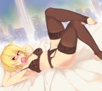  1girl armpits arms_behind_head arms_up bangs black_bra black_garter_belt black_legwear black_panties blonde_hair blush bra breasts commentary condom condom_in_mouth condom_wrapper earrings english_commentary fishnet_legwear fishnets hair_between_eyes jewelry katawa_shoujo knee_up large_breasts lingerie looking_at_viewer lying mouth_hold navel on_back on_bed panties red_eyes rtil satou_akira short_hair smile solo stirrup_legwear stud_earrings thighhighs toeless_legwear toes underwear window 