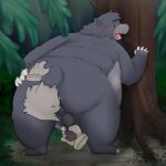  2022 96panda anal anthro anus balls baloo belly big_belly blush butt butt_grab detailed_background erection genitals hand_on_butt hi_res humanoid_genitalia humanoid_penis kemono male mammal oral outside overweight overweight_male penis plant rimming sex solo_focus the_jungle_book tree ursid 