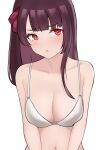  1girl :o absurdres bangs bare_shoulders bikini bikini_top_only bingzhi_juzi blush bra breasts chinese_commentary cleavage collarbone eyebrows_visible_through_hair girls&#039;_frontline hair_ribbon highres long_hair looking_at_viewer medium_breasts navel open_mouth purple_hair red_eyes red_ribbon ribbon solo swimsuit underwear upper_body wa2000_(girls&#039;_frontline) white_background white_bikini white_bra 
