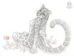  anthro breasts felid feline female kacey leopardus looking_back mammal monochrome nipples nude ocelot plant signature sitting solo traditional_media_(artwork) whiskers 