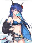  1girl arknights bangs bare_shoulders belt bikini black_jacket blue_bikini blue_hair breasts ch&#039;en_(arknights) ch&#039;en_the_holungday_(arknights) cleavage collarbone commentary_request cowboy_shot dragon_horns dragon_tail flower grey_shorts hair_between_eyes hair_flower hair_ornament highleg highleg_bikini highres horns jacket long_hair long_sleeves looking_at_viewer mabing medium_breasts micro_shorts navel off_shoulder open_clothes open_jacket parted_lips red_eyes red_flower shorts solo standing stomach swimsuit tail white_background 