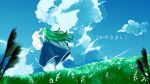  1girl arm_up bellflower blue_skirt blue_sky blurry cloud cloudy_sky day depth_of_field flower from_behind full_body grass green_hair highres kochiya_sanae ln_(xhds7875) long_hair long_sleeves outdoors scenery shirt skirt sky sleeveless sleeveless_shirt solo touhou wide_sleeves wind wind_lift 