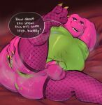  2022 anthro anus balls barney_and_friends barney_the_dinosaur belly big_belly bodily_fluids butt dinosaur english_text genitals green_body hi_res male moobs musk nipples overweight overweight_male penis purple_body reptile roseonapot scalie solo sweat text 
