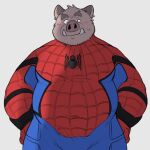  2022 anthro belly big_belly blush brown_body clothed clothing cosplay hi_res kemono male mammal marvel overweight overweight_male simple_background solo spider-man_(character) spider-man_(series) suid suina sus_(pig) whitebeast20 wild_boar 