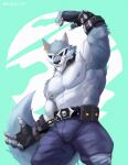  absurd_res anthro belt_buckle bublelery canid canine canis clothed clothing dislyte ear_piercing ear_ring eyewear freddy_(dislyte) hi_res male mammal muscular muscular_male piercing solo sunglasses topless topless_male wolf 
