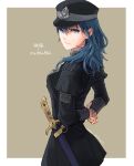  1girl alternate_costume arms_behind_back bangs black_headwear black_jacket black_skirt blue_eyes blue_hair border byleth_(fire_emblem) byleth_(fire_emblem)_(female) closed_mouth cowboy_shot fire_emblem fire_emblem:_three_houses from_side garreg_mach_monastery_uniform grey_background hair_between_eyes hat jacket long_hair long_sleeves looking_at_viewer military_hat miniskirt outside_border robaco sheath sheathed skirt smile solo standing straight_hair sword twitter_username weapon white_border 