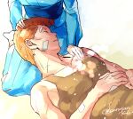  1boy 1girl bandage_on_face bandages blue_kimono closed_eyes collarbone couple head_out_of_frame hetero imuro japanese_clothes kimono kuwabara_kazuma lap_pillow orange_hair pompadour short_hair sitting sleeping yu_yu_hakusho yukina_(yu_yu_hakusho) 