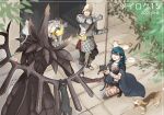  1boy 2girls :d animal_on_shoulder armor armored_dress bangs black_dress black_pants black_shorts blue_eyes blue_hair byleth_(fire_emblem) byleth_(fire_emblem)_(female) cape cat cat_on_shoulder dog dress edelgard_von_hresvelg fire_emblem fire_emblem:_three_houses grey_cape hair_between_eyes helmet kneeling legwear_under_shorts long_hair multiple_girls open_mouth pants robaco shiny shiny_hair short_shorts shorts shoulder_armor smile soldier speech_bubble standing straight_hair sweatdrop white_hair 