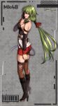  1girl absurdres annno_ans back bangs barcode bare_shoulders black_footwear black_gloves black_legwear blush boots breasts character_name commentary commission crop_top eyebrows_visible_through_hair full_body girls&#039;_frontline gloves green_hair hair_ornament hairclip hand_on_own_face high_heel_boots high_heels highres large_breasts legs long_hair looking_at_viewer looking_to_the_side mk48_(girls&#039;_frontline) open_mouth parted_lips ponytail red_eyes red_shorts shorts sideboob simple_background single_glove skeb_commission sleeveless smirk solo standing thighhighs 