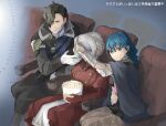  1boy 2girls armor bangs black_coat black_hair black_shorts blue_eyes blue_hair byleth_(fire_emblem) byleth_(fire_emblem)_(female) cape closed_mouth coat covering_another&#039;s_eyes dress edelgard_von_hresvelg fire_emblem fire_emblem:_three_houses food gloves grey_cape hair_between_eyes hair_over_one_eye hubert_von_vestra legwear_under_shorts long_hair military military_uniform movie_theater multiple_girls pantyhose popcorn red_dress red_gloves robaco short_shorts shorts shoulder_armor sitting sketch straight_hair uniform white_gloves white_hair yellow_eyes 